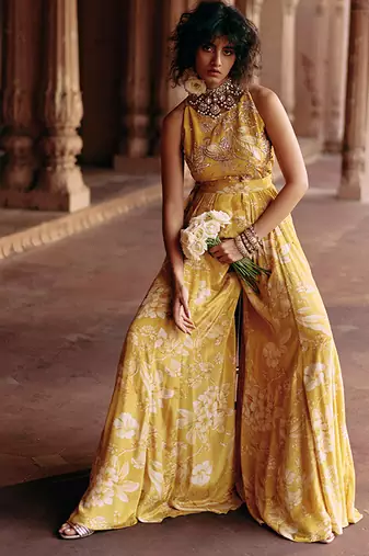 Yellow embroidered crepe jumpsuit