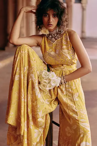 Yellow embroidered crepe jumpsuit