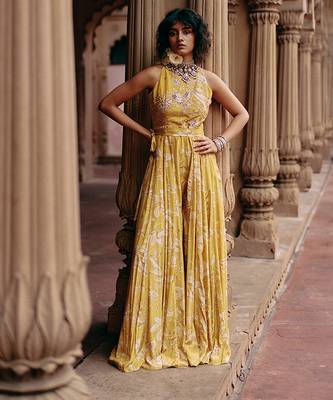 Yellow embroidered crepe jumpsuit 1
