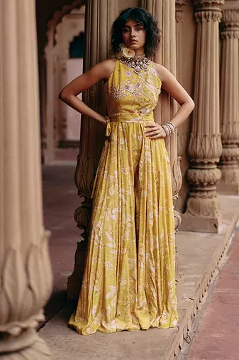 Yellow embroidered crepe jumpsuit