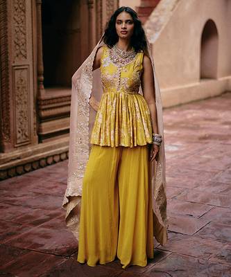 Yellow embroidered silk kurta set 1