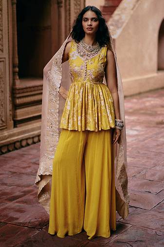 Yellow embroidered silk kurta set