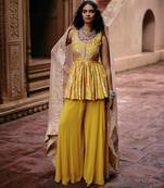 Yellow embroidered silk kurta set