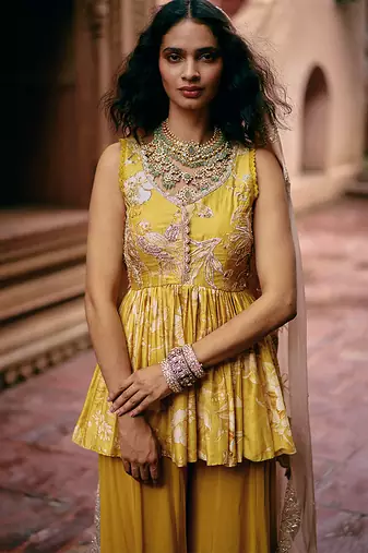 Yellow embroidered silk kurta set