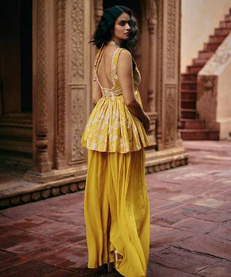 Yellow embroidered silk kurta set 3