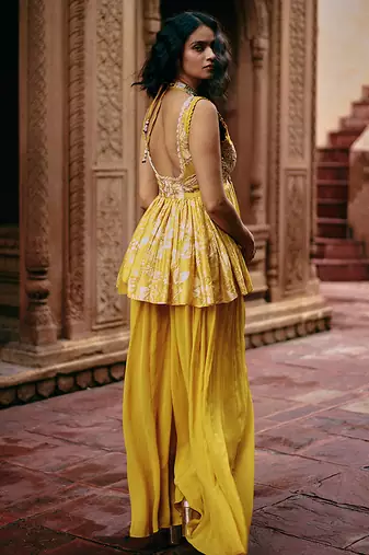 Yellow embroidered silk kurta set