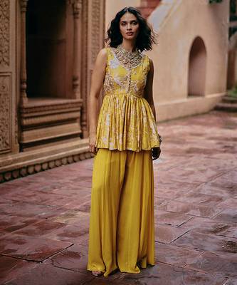 Yellow embroidered silk kurta set 4