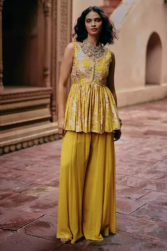 Yellow embroidered silk kurta set
