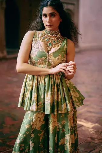Green printed silk kurta set