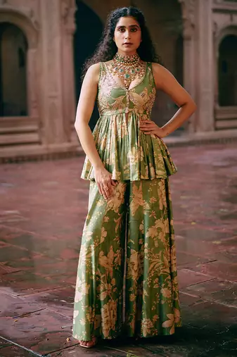 Green printed silk kurta set