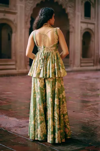 Green printed silk kurta set