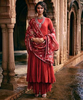 Red embroidered chanderi anarkali 1