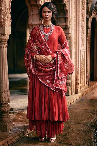 Red embroidered chanderi anarkali