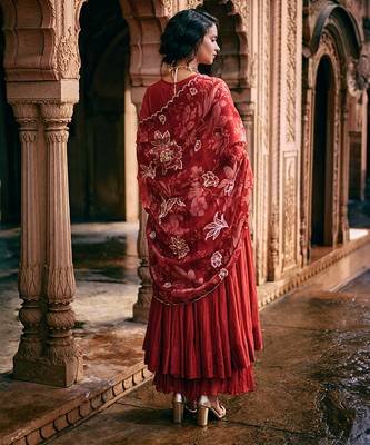 Red embroidered chanderi anarkali 2