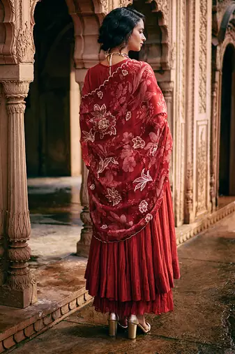 Red embroidered chanderi anarkali
