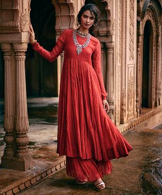 Red embroidered chanderi anarkali 3