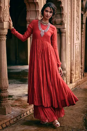 Red embroidered chanderi anarkali