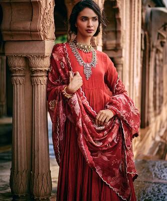 Red embroidered chanderi anarkali 4