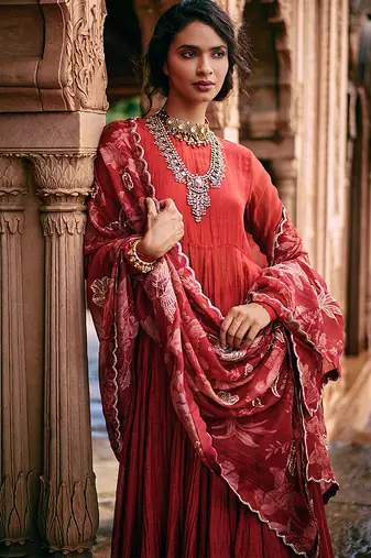 Red embroidered chanderi anarkali