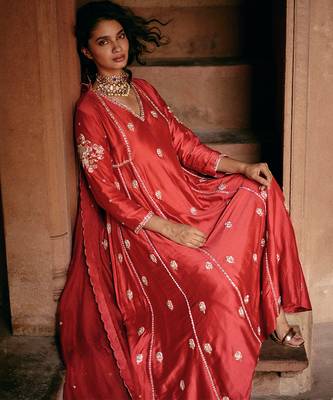 Red embroidered modal silk anarkali 2