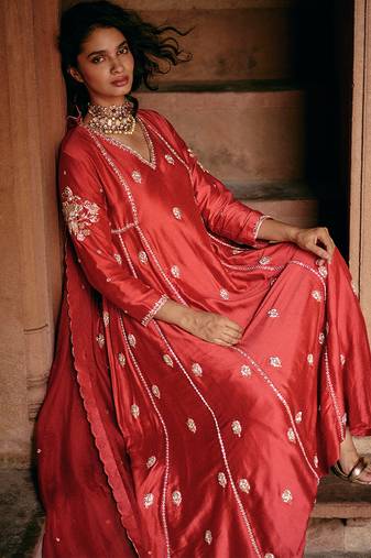 Red embroidered modal silk anarkali