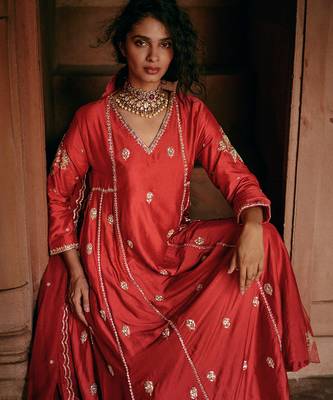 Red embroidered modal silk anarkali 3