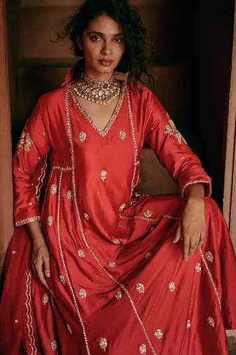 Red embroidered modal silk anarkali