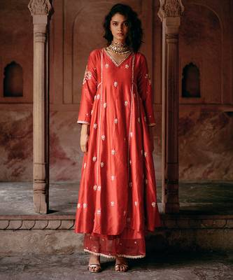 Red embroidered modal silk anarkali 1