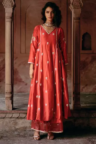 Red embroidered modal silk anarkali