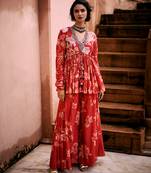 Red printed silk kurta set