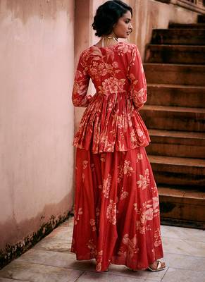 Red printed silk kurta set 2