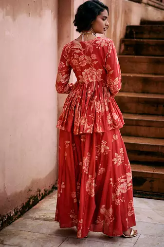 Red printed silk kurta set
