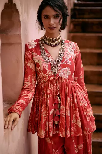 Red printed silk kurta set