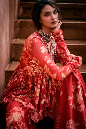 Red printed silk kurta set