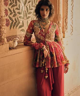Red printed crepe co ord set 1