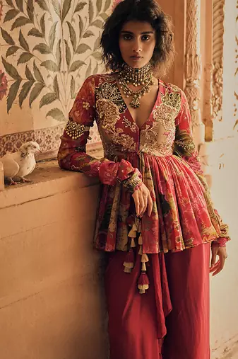Red printed crepe co ord set