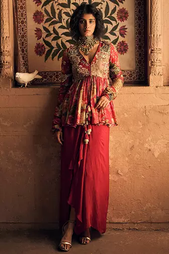 Red printed crepe co ord set