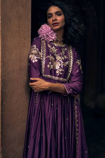 Purple embroidered modal silk anarkali