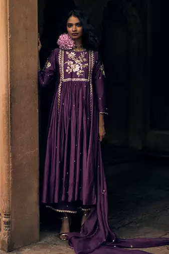 Purple embroidered modal silk anarkali