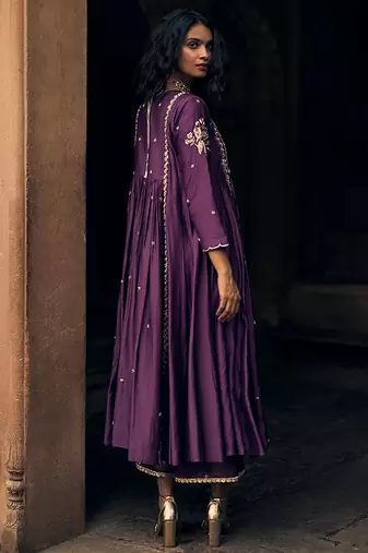 Purple embroidered modal silk anarkali