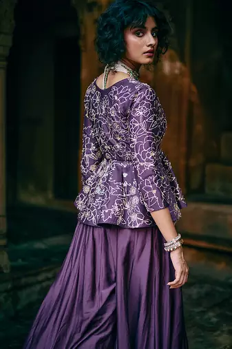 Purple embroidered silk kurta set