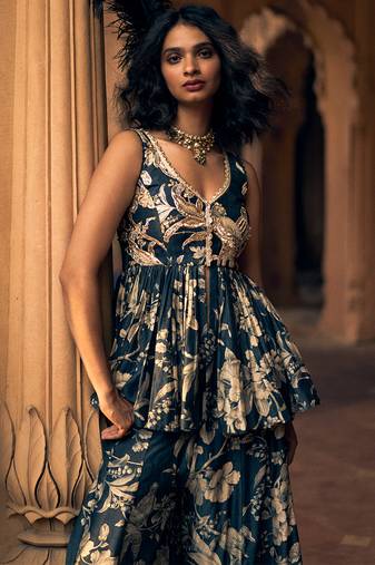 Blue printed silk kurta set