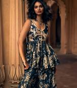 Blue printed silk kurta set