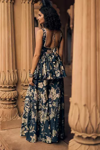 Blue printed silk kurta set