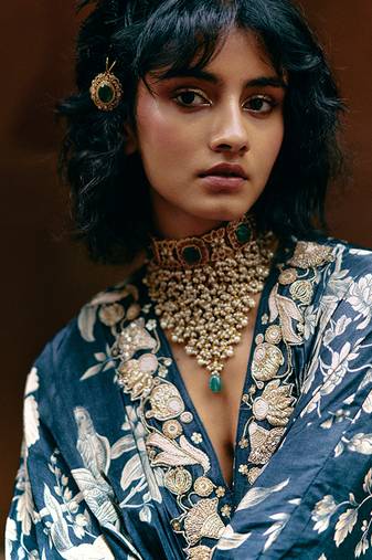 Blue printed crepe kaftan