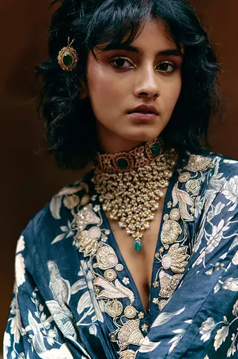 Blue printed crepe kaftan