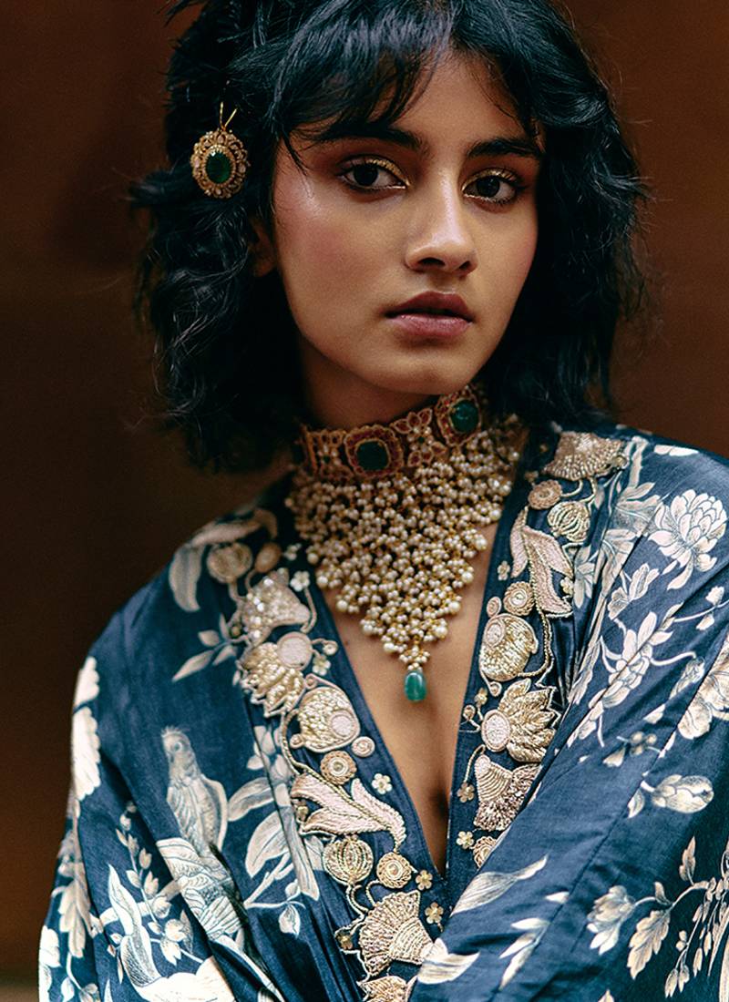 Blue printed crepe kaftan