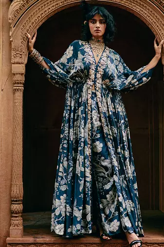 Blue printed crepe kaftan