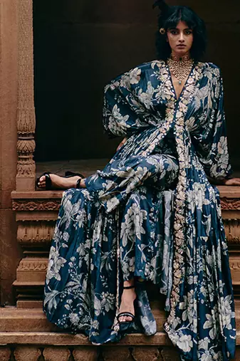 Blue printed crepe kaftan