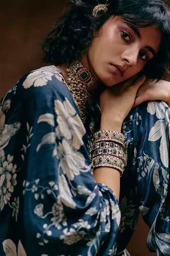 Blue printed crepe kaftan